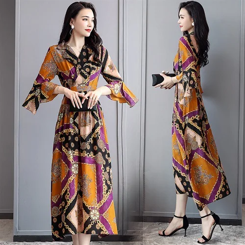 

2019 New Style Dress Sexy V-neck Leopord Pattern Real Silk Spring Clothing Elegant Slimming Joint Printed Dress Women's