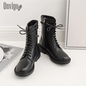 

Qnvigo Women's Boots Leather Size 32-43 Botas Feminina Motorcycle Lace-up Flat With Plush Stylish Wild Heeled Martin Army Boots