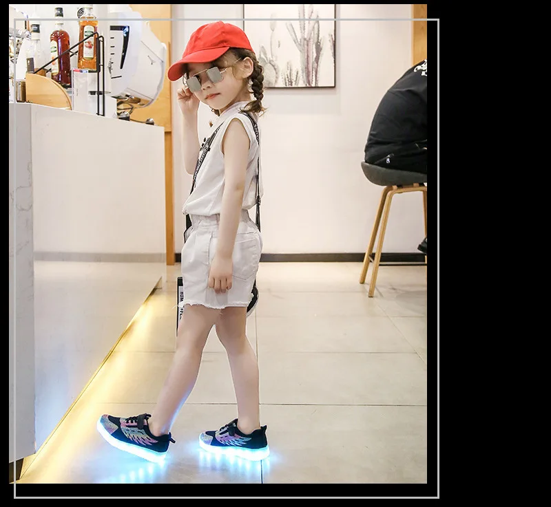 Светильник с зарядкой от USB; Детские кроссовки с блестками для маленьких девочек; детская светящаяся обувь; кроссовки с крыльями; спортивная обувь для тенниса для мальчиков