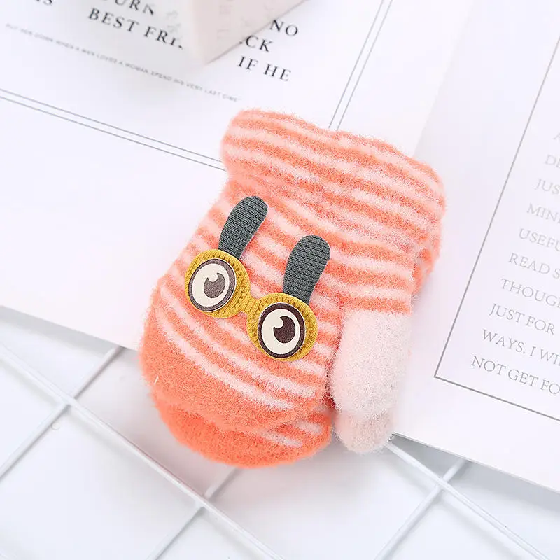 Wecute/милые двухслойные бархатные теплые перчатки в полоску с большими глазами кролика; зимние вязаные детские перчатки для мальчиков и девочек; детские перчатки