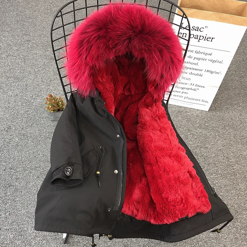 Детское пальто коллекция года, модное зимнее пальто с натуральным мехом теплая парка с воротником из меха енота для мальчиков и девочек детская куртка - Цвет: Black red fur