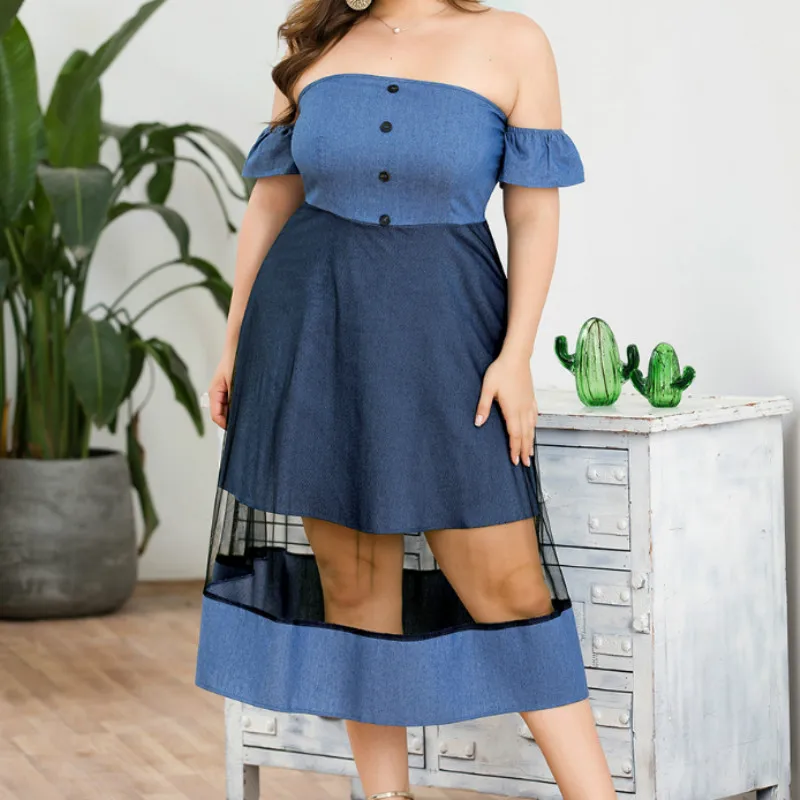Женское платье без бретелек, джинсовое Сетчатое вечернее платье, vestidos mujer, пуговицы, плюс размер, женское платье трапециевидной формы миди