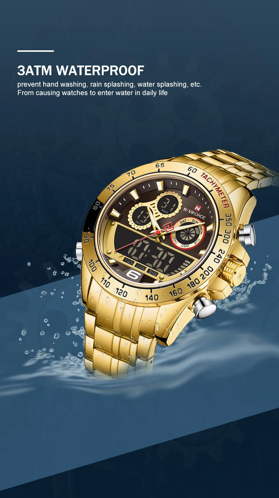NAVIFORCE Luxury Gold Watch For Men Digital Sport Chronograph Clock Quartz Wristwatch Male Military Steel Band Waterproof Watch