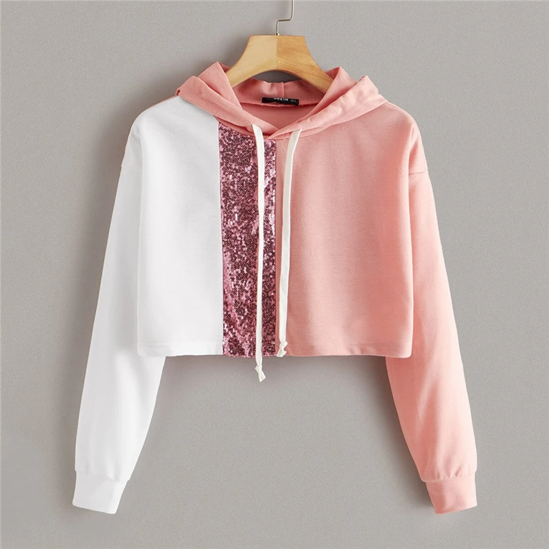 Dotfashion Розовый Повседневный контрастный блесток Деталь лоскутное шнурок толстовки дамы Colorblock укороченный с капюшоном Толстовка