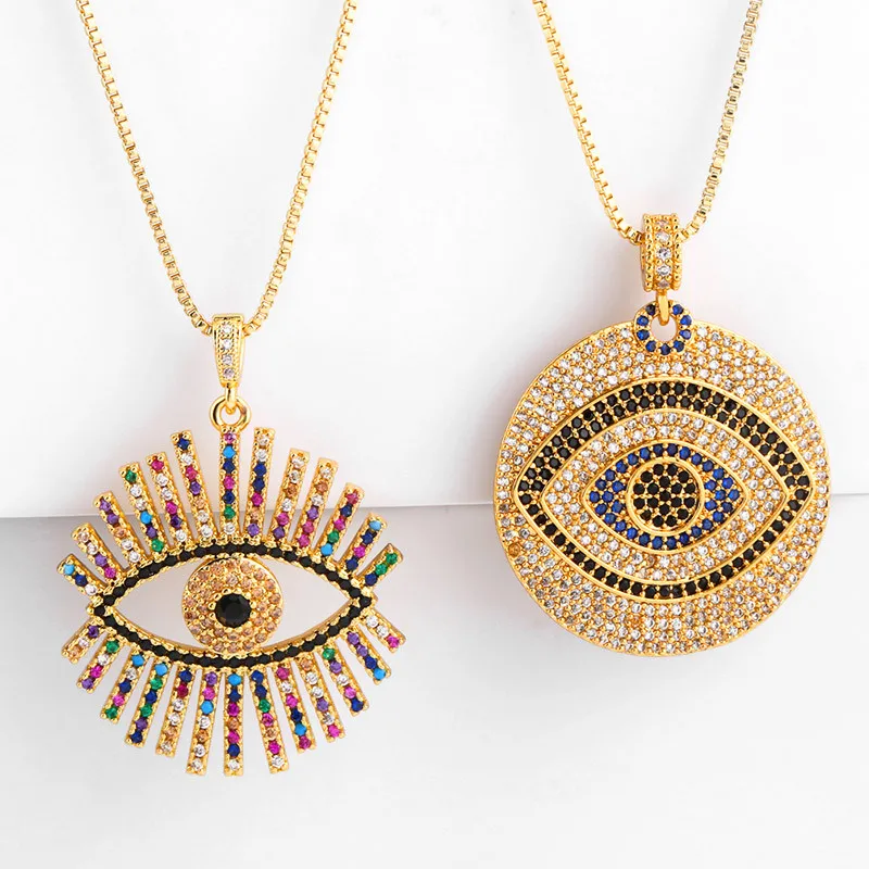 

2019 New Rainbow CZ Turkish Eye Necklace For Woman Fashion Zirconia Gold Round Long Chain Pendant Necklace Charm Jewelry