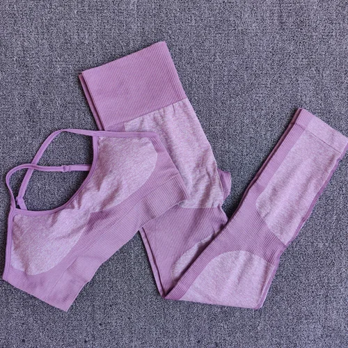 Purple Бесшовный комплект для йоги, одежда для фитнеса, спортивная одежда, высокая талия, женские леггинсы для спортзала, колготки, мягкий пуш-ап спортивный бюстгальтер, 2 шт., спортивные костюмы - Цвет: Purple