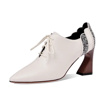 

Women Pumps cow Leather Party Shoes Pumps Spring Summer Lace Up poined Toe 2020 Shoes Woman size 40 41