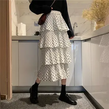 

HziriP 2020 New Spring Pleated Loose Polka Dots Elastic-Waist High Waist All-Match Fresh Hot Women Streetwear Long Cake Skirt