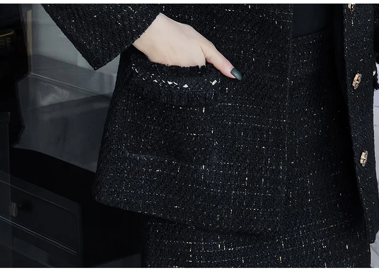 Зимний женский черный твидовый пиджак юбка комплект высокого качества дизайнерское однобортное шерстяное пальто и юбка комплект из 2 предметов
