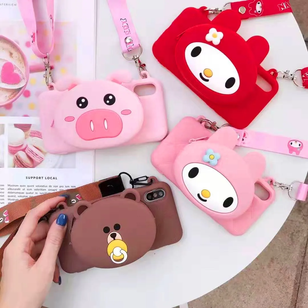 EPENA phone Cover Case for iphone 11 pro XR XS Max 7 8 plus 6 6S Plus Super Cute 3D Cartoon My Melody Dog Bear Lanyard Soft bag