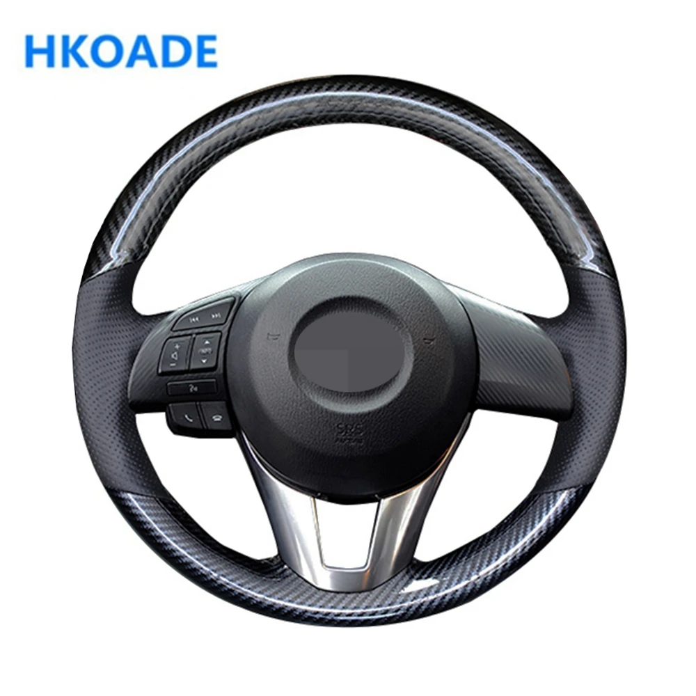 DIY сшитый вручную черный кожаный чехол рулевого колеса автомобиля из углеродного