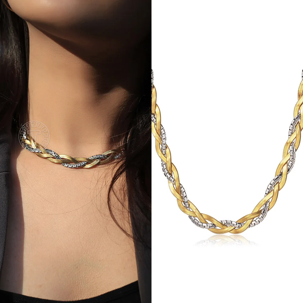 Unique Design Gold Silver Color Twisted Braided Snake Necklace For Women Girls Stainless Steel Herringbone Chain Choker DDN330 | Украшения