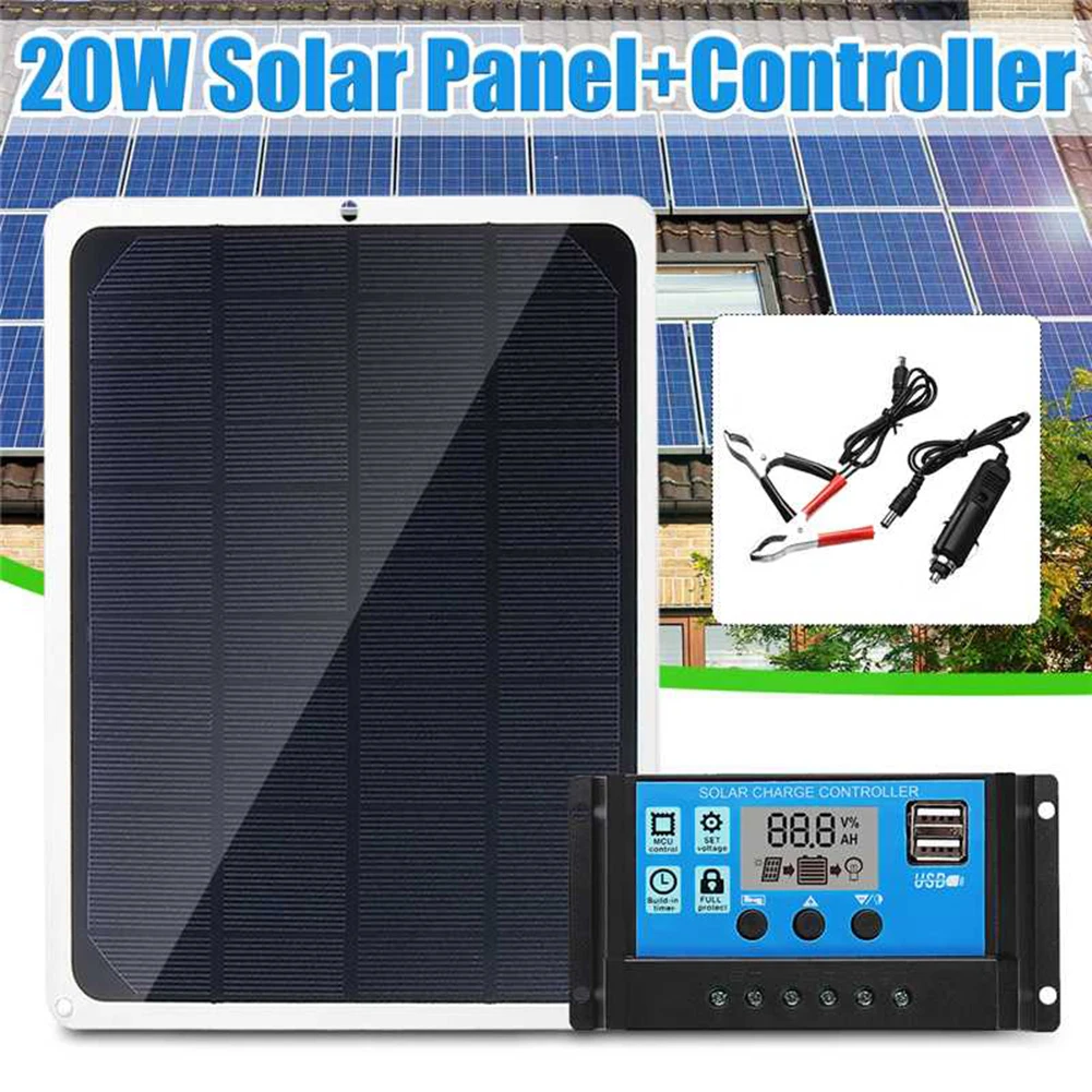 

20W 12V USB Solar Panel with Car Charger Crocodile clip + 10A USB Solar Charger Controller for Outdoor Camping