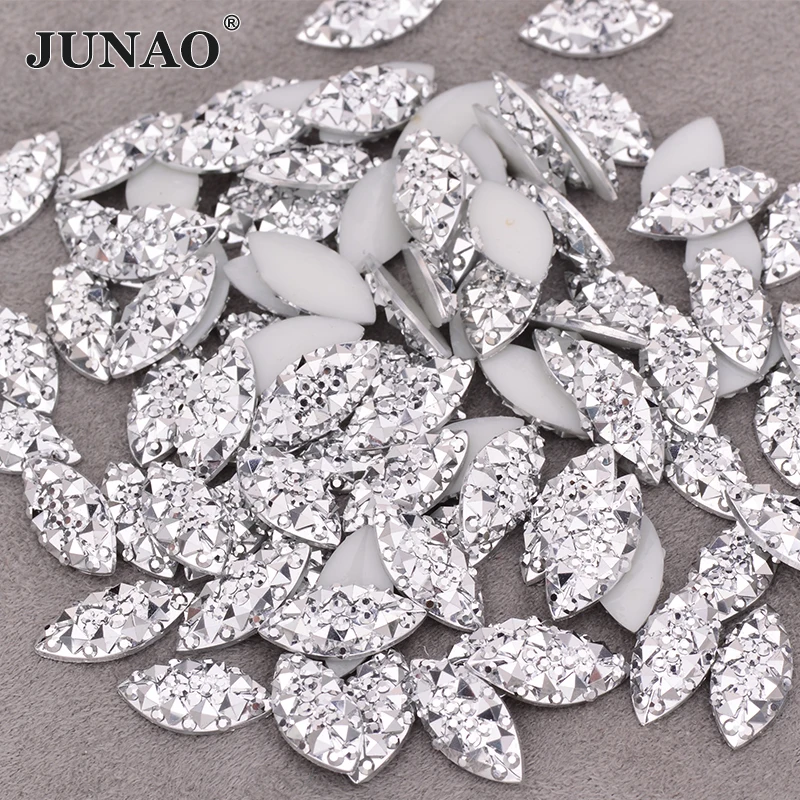 JUNAO Wholesale 2000pcs 7*15mm Silver Flatback Resin Rhinestone Bulk Packing Horse Eye Crystal Stones Non Hotfix Strass