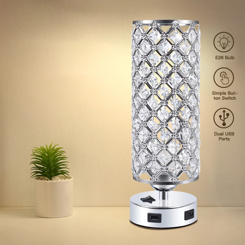 Usb Crystal Table Lamp Fixture With Press Switch, E26 Nightstand Lamp