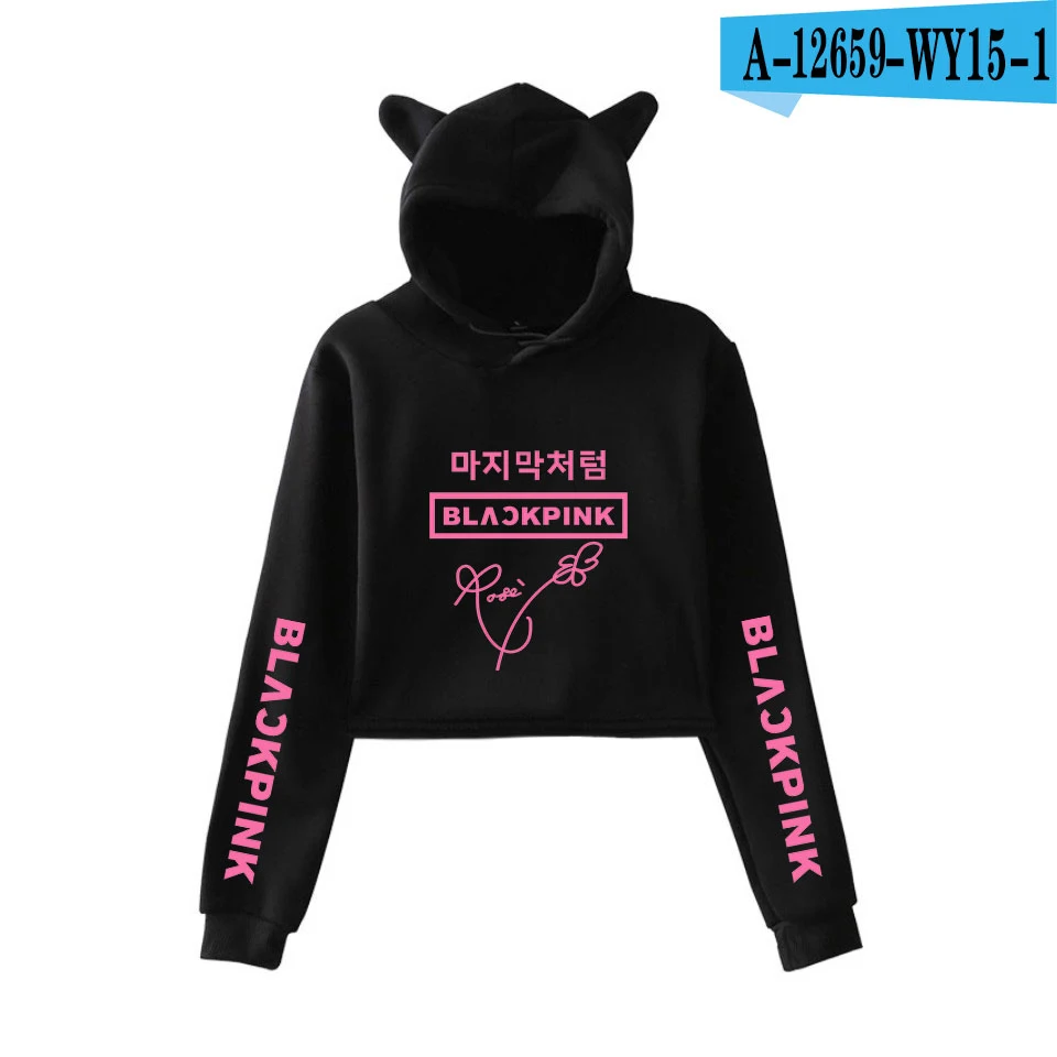 Blackpink kpop толстовка хлопковые толстовки с капюшоном для девочек, детские Для женщин печати Модный пуловер Шорты, рубашка, с украшением в виде кошачьих ушек Толстовка - Цвет: Black