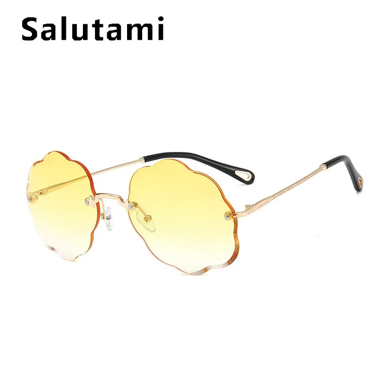 Женские солнцезащитные очки кошачий глаз без оправы с цветочной волной оправой, брендовые солнцезащитные очки с облаками, женские прозрачные очки из сплава - Цвет линз: Gold yellow