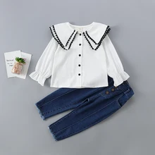 Комплект одежды высокого качества для девочек от 2 до 7 лет, новинка года, весенне-осенняя модная Однотонная рубашка+ джинсовые штаны, ребенок дети девочка, одежда