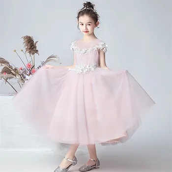 

New Arrival Children Girls Elegant Pink Color O-Neck Birthday Wedding Party Puffy Prom Dress Kids Host Piano Costumes Long Dress