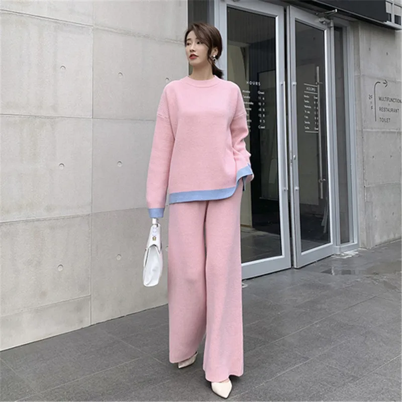 pink Осенне-зимний вязаный женский спортивный костюм, комплект из 2 предметов, свитер с длинными рукавами и круглым вырезом, вязаный пуловер с эластичной резинкой на талии, длинные штаны, костюм - Цвет: pink