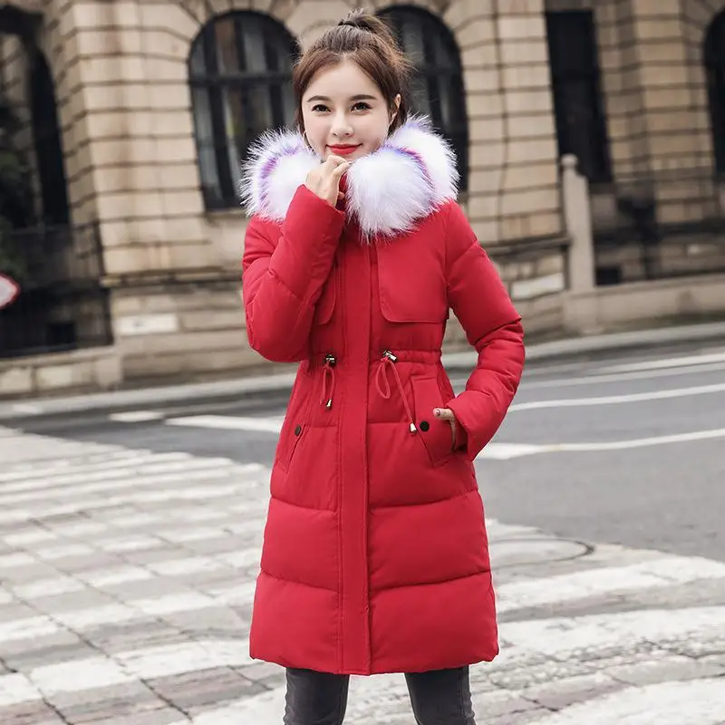 2019 модная Женская приталенная зимняя куртка с хлопковой подкладкой, теплая плотная цветная Женская длинная куртка с меховым воротником