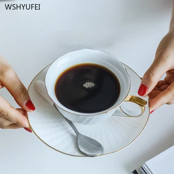 

6Pcs Direct selling new embossed lotus cup bone china ceramic coffee cup set hand-painted gold high-grade afternoon tea cup