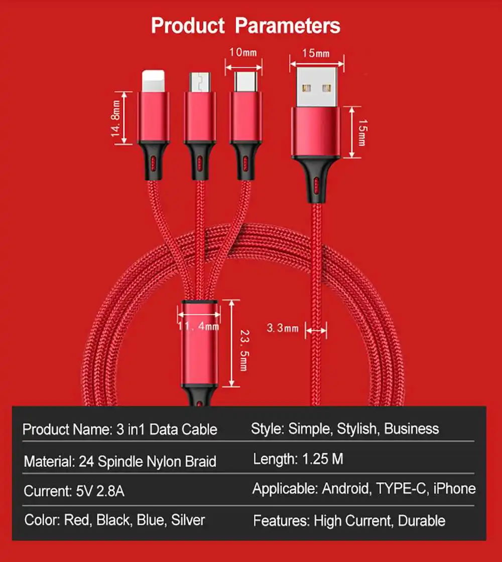 Mokoemi 3 в 1 Usb кабель для зарядки телефона 1,25 A м Быстрая зарядка нейлоновый type C Micro-Usb Lightning 3 в 1 Usb кабель для зарядки