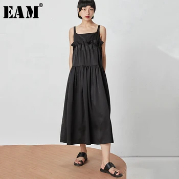 

[EAM] 2020 New Spring Summer Slash Neck Sleeveless Pleated Long Lose Backless Sweet Line Decoration Dress Women Fashion JY399