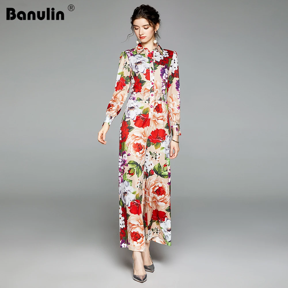 2020 New Runway Designer Autumn Rompers Turn Down Neck Long Sleeve Elastic Waist Floral Print Playsuits Women Long Jumpsuits