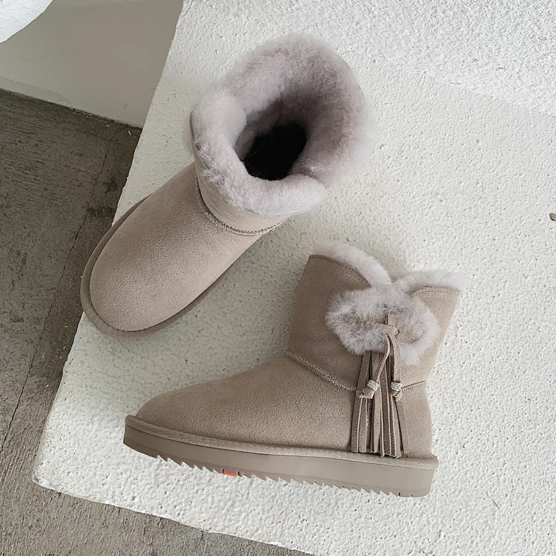 

New Genuine Leather Fur Tassel Snow Boots Women Top High Quality Australia Boots Student Winter Boots for Women Warm Botas Mujer