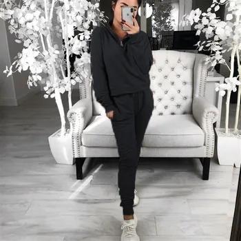 

UIDEAZONE Autumn Turcleneck Casual Woman Set long sleeve Tops with Zipper and Elastic Waist Long Pants Pure Color Two Piece Sets