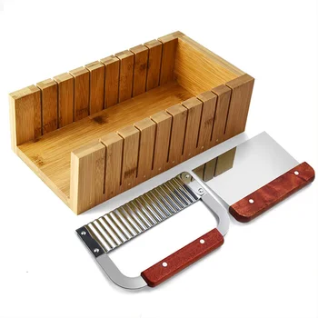 

Soap Cutter Set, Wood Mold Tool for Soap Making Loaf Cutting, Bar Cutter Kit with 2 PCS Straight Wavy Stainless Steel Slicer Pla