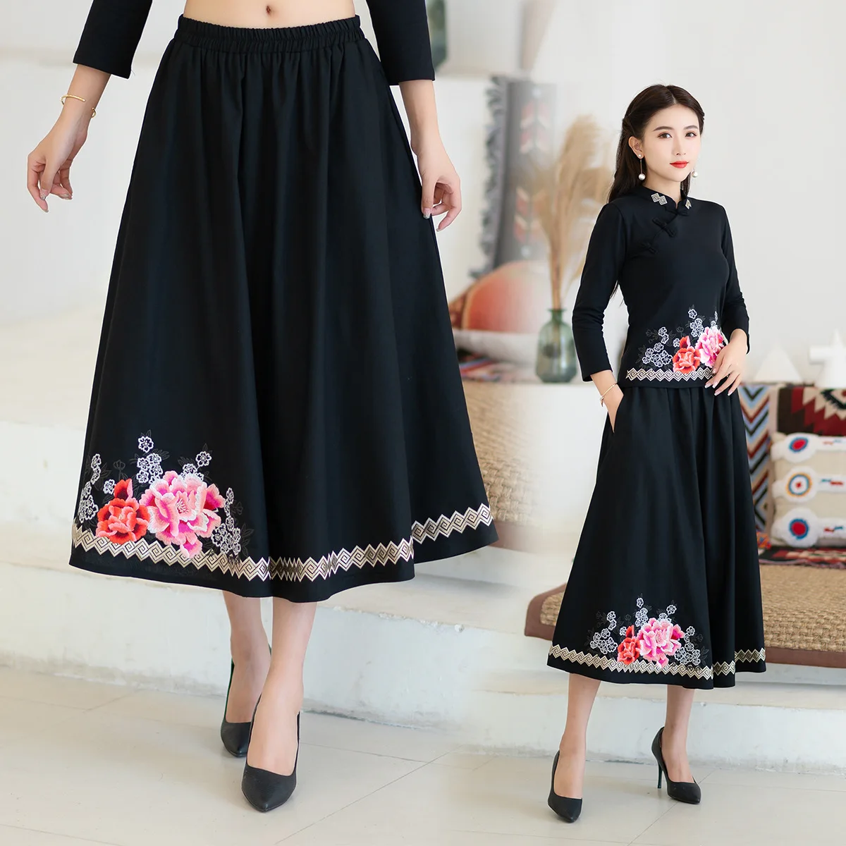 

2019 Photo Shoot Autumn And Winter New Style Ethnic-Style Big Hemline Embroidery Linen One Size Skirt