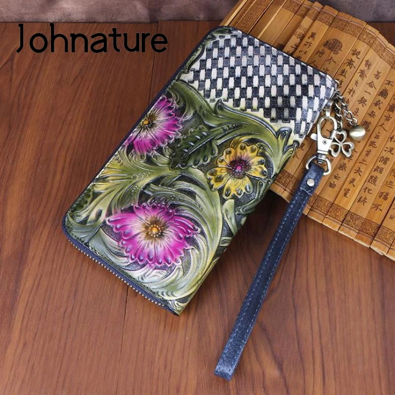 

Johnature 2024 New Hand Carved Genuie Leather Women Wallet Retro Large Clutch Wallets Card Holder Leisure Cowhide Phone Purse