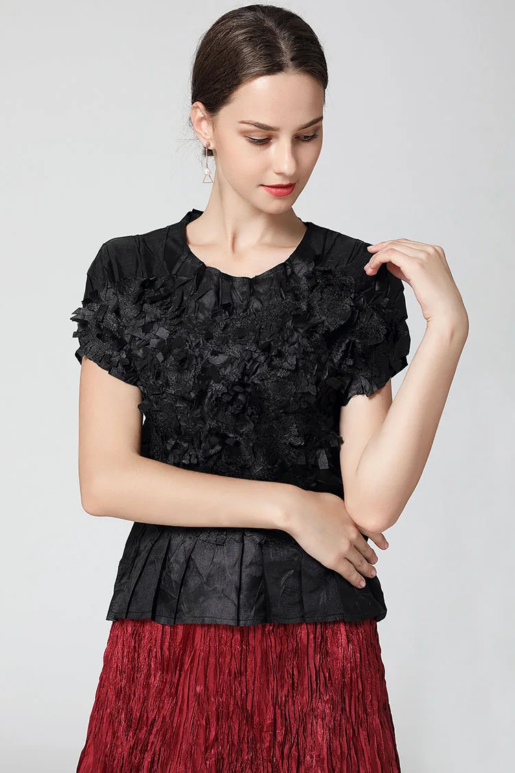 Changpleat, летняя коллекция, новые женские топы, футболка Miyak, плиссированная, модный дизайн, однотонный, Круглый ворот, тонкий, короткий рукав, женские футболки