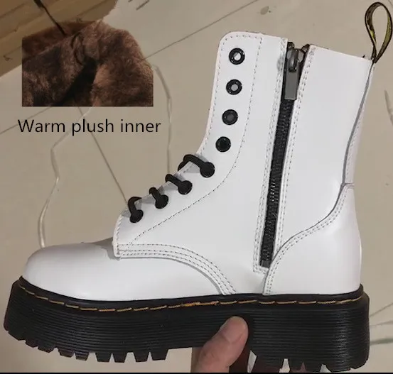 White-Plush inner Ботинки martin из натуральной кожи на толстой подошве; женские теплые зимние ботинки с боковой молнией в британском стиле; рабочие ботинки на рифленой подошве со шнуровкой - Цвет: White-Plush inner