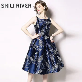 

2020 summer fashion designer vest dress for women sleeveless slim elegant gorgeous knee length pleated swing full dresses blue