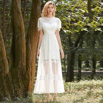 

Scoop Lace Appliques Short Sleeve See-through Skirt A-Line Evening Dresses 2020 Casual Party Dress Vestido De Noche