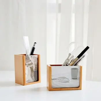 

Wooden Pen Holder with Photo Frame Multifunction Home Office Storage Decoration Pen Holder