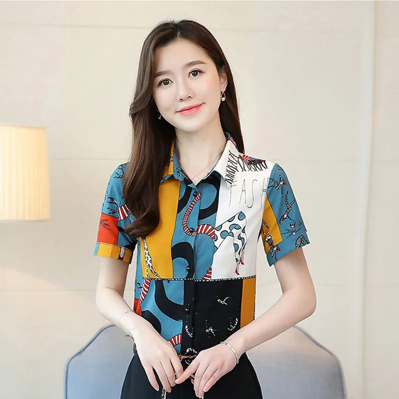 

Summer Women Harajuku Blouse Short Sleeve Turn-down Collar Thin Geometric Print Korean Chiffon Tops
