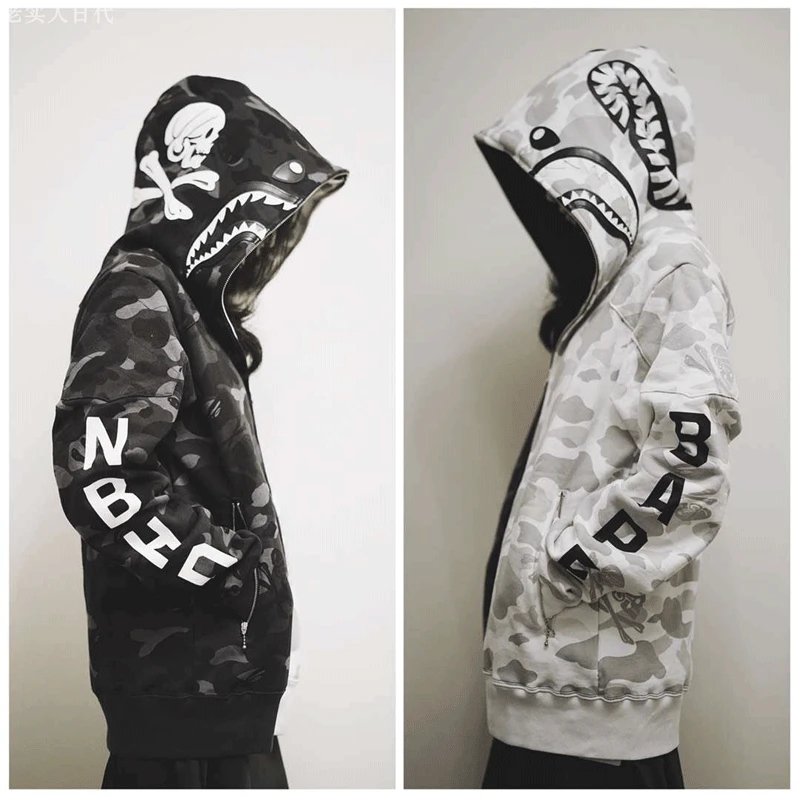19ss Europe And America Casual FW Japanese Trend Joint Camouflage Shark Hoodie Zipper Popular Couples Men's Sweatshirts& Hoodie