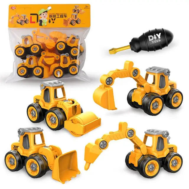 4pcs Construction Toy Engineering Car Fire truck Screw Build and Take Apart Great for Kids Boys 3