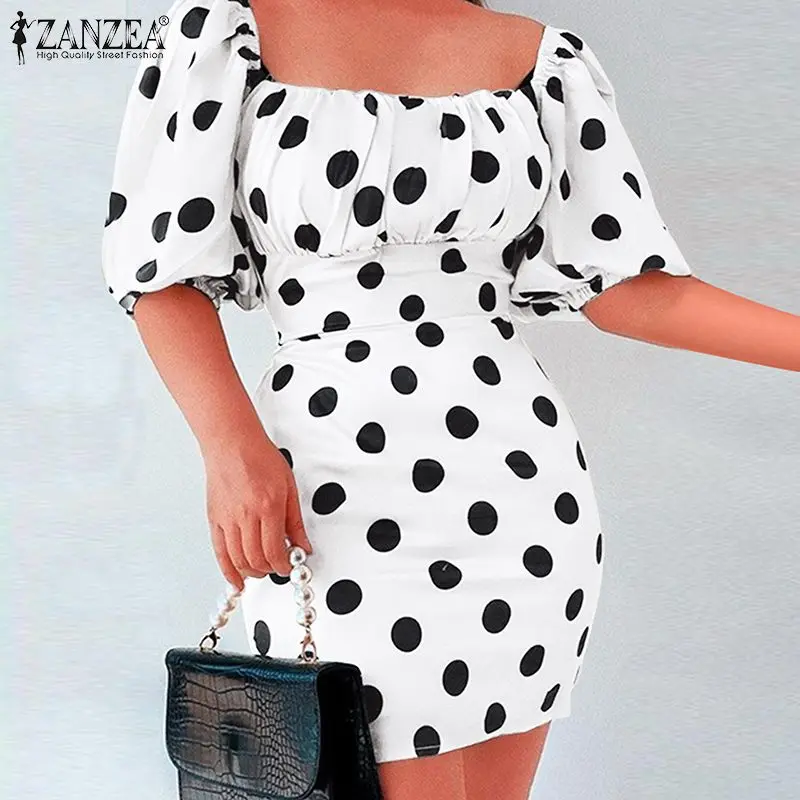 2021 verano fiesta batas ajustada ZANZEA francés elegante Mini vestido de moda para mujer Polka Vestidos de señora Puff, manga corta vestido de verano|Dresses| - AliExpress