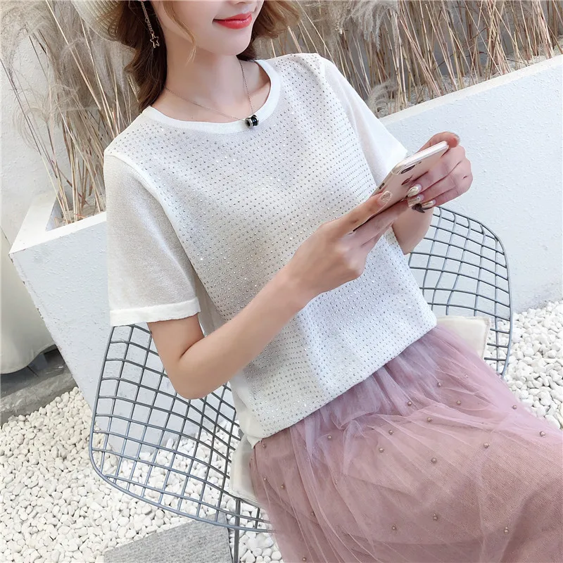 9242 real shot new bright diamond round neck short sleeve 35- 3 rows of 2 shelves in the attic - Цвет: see chart