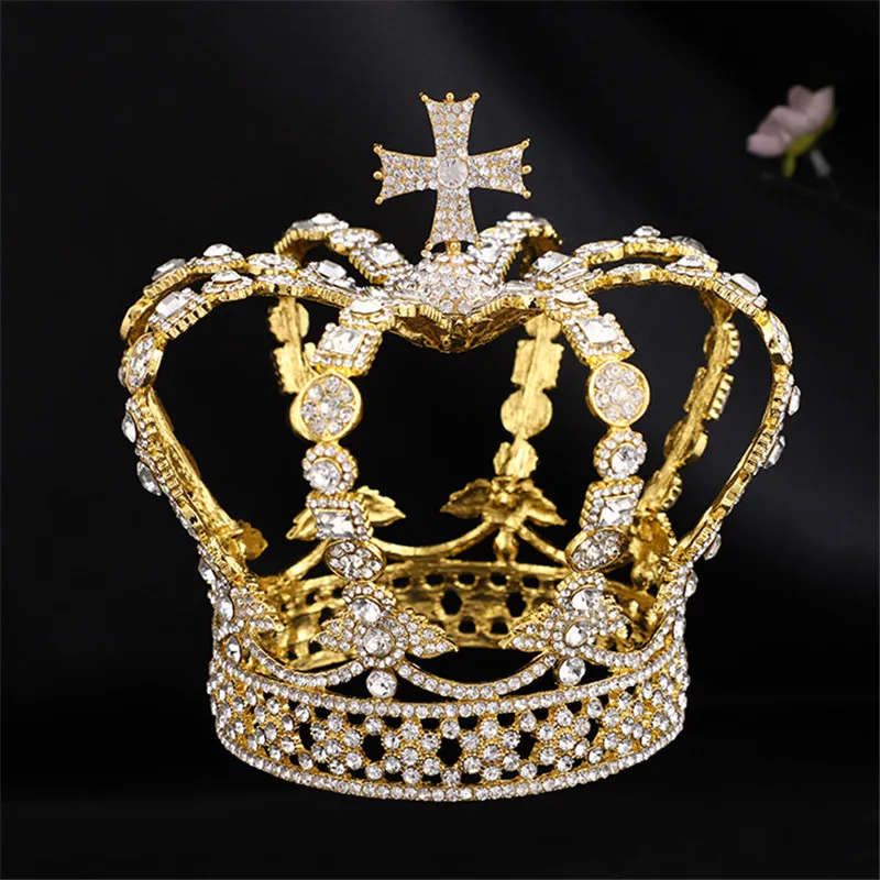 Male Cross Crown Baroque Bridal Wedding Crown Royal Queen King Tiara Birthday Party Hair Jewelry Accessories Prom Pageant Diadem 
