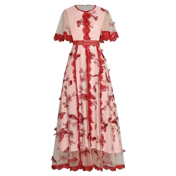 

HIGH QUALITY Newest 2020 Fashion Runway Dress Women's Short Sleeve Lace Embellished Gauze Dress