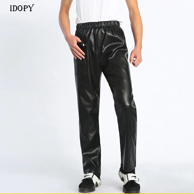 Idopy Men`s PU Faux Leather Pants Outdoor Comfy Elastic Waist Windproof Waterproof Workwear PU Trousers For Male Idopy Men`s PU Faux Leather Pants Outdoor Comfy Elastic Waist Windproof Waterproof Workwear PU Trousers For Male