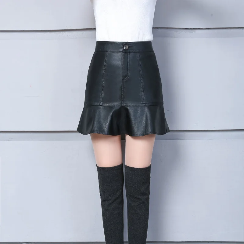 

2019 Women's Autumn And Winter PU Leather Skirt Korean-style High-waisted Slim Fit Slimming Sun Dress Flounced Casual Short Skir