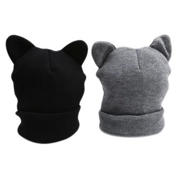 

Women Wool Cap Hats Spring Gray Black Hat Fashion Cat Ears Knitted Hat Lovely Funny Winter Warm Beanie Hat