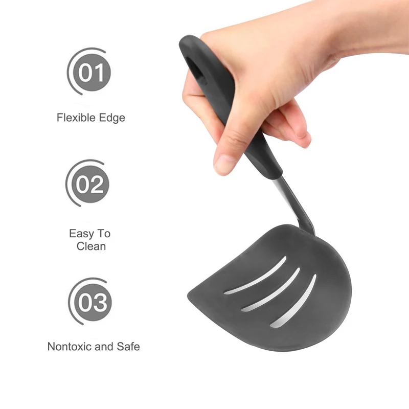 Flexible Silicone Spatula Turner Wide Non Stick Pancake Turner With Stainless Steel Handle Kitchen Cooking Turner Bpa Free